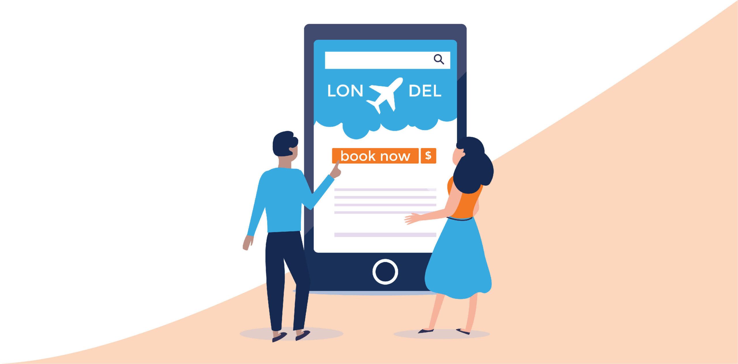Cartoon image with man and woman in front of a big mobile phone booking a flight