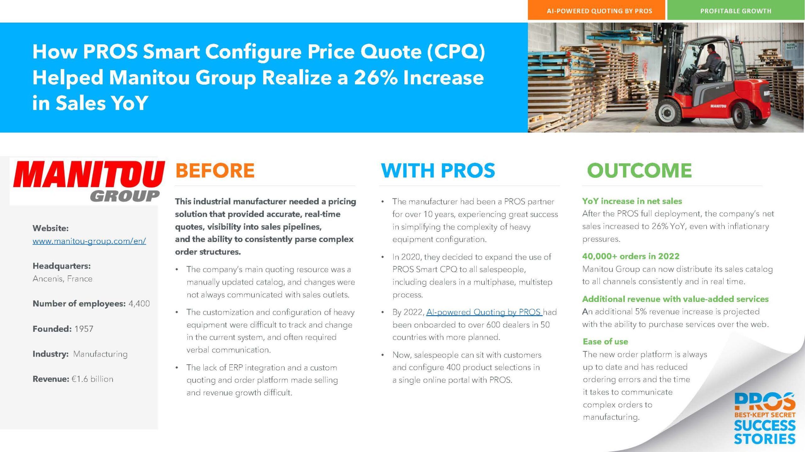 How PROS Smart Configure Price Quote (CPQ) Helped Manitou Group Realize a 26% Increase in Sales YoY, one pager