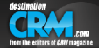 Destination CRM logo with white and blue letters on a black background