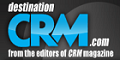 Destination CRM logo with white and blue letters on a black background